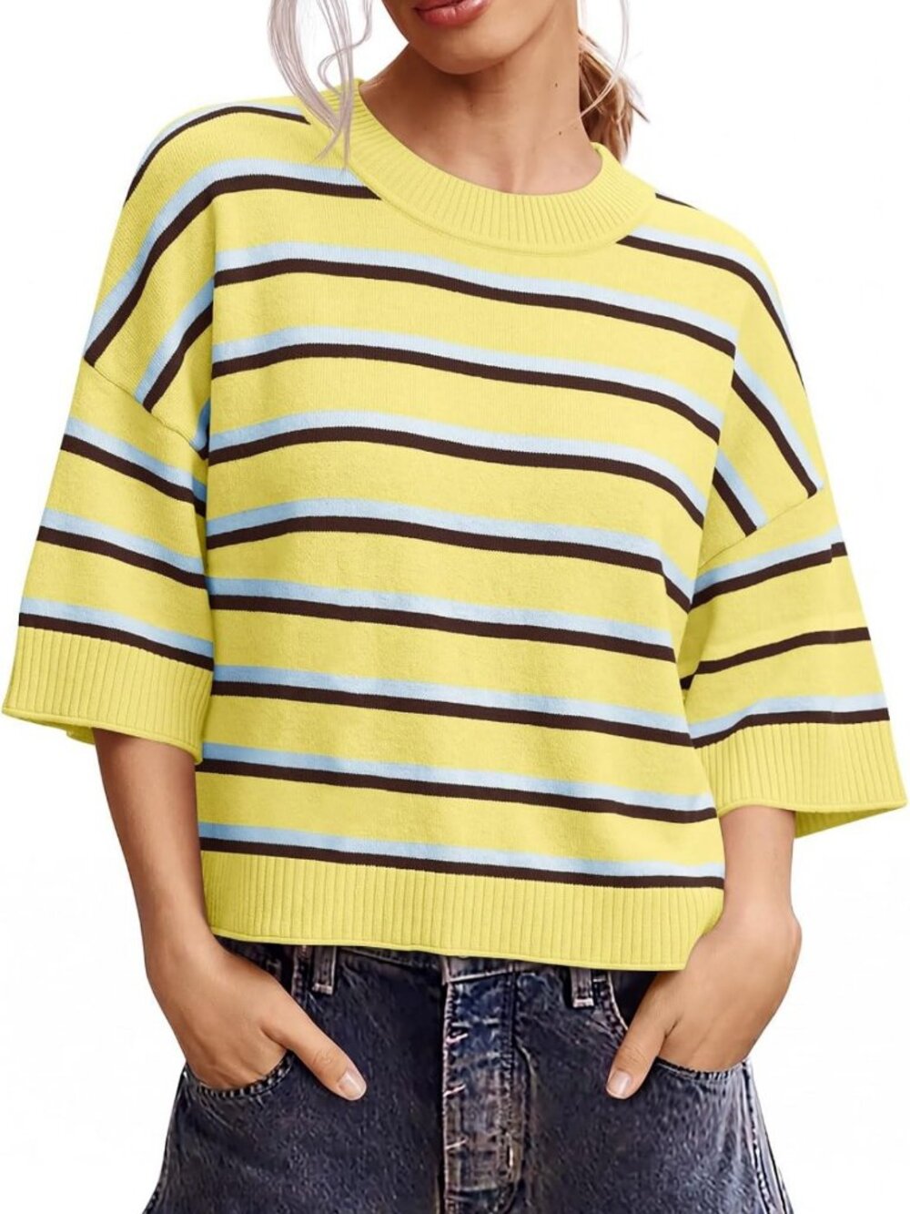 Oversized Cropped Knit Sweater for Women - Short Sleeve Cozy Top, Casual Style